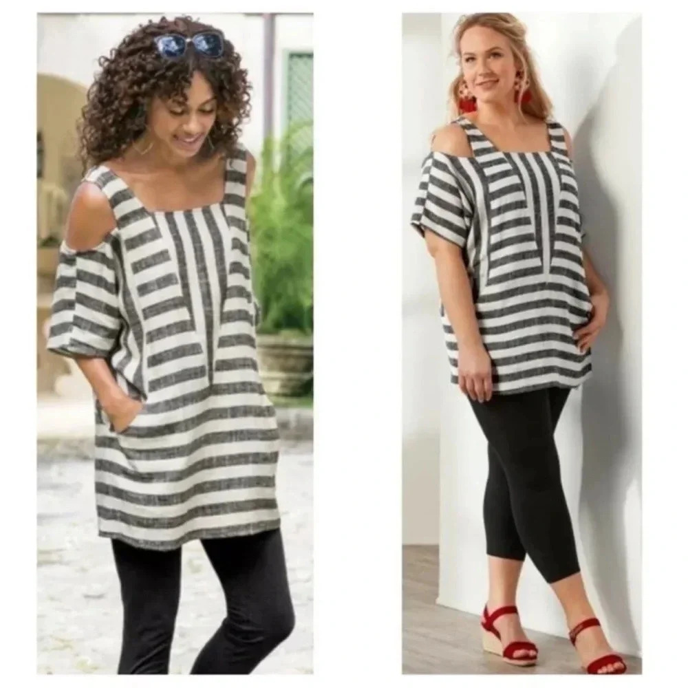 Soft Surroundings Sunset Tunic Cold Shoulder Linen Top Style 29299 Stripes